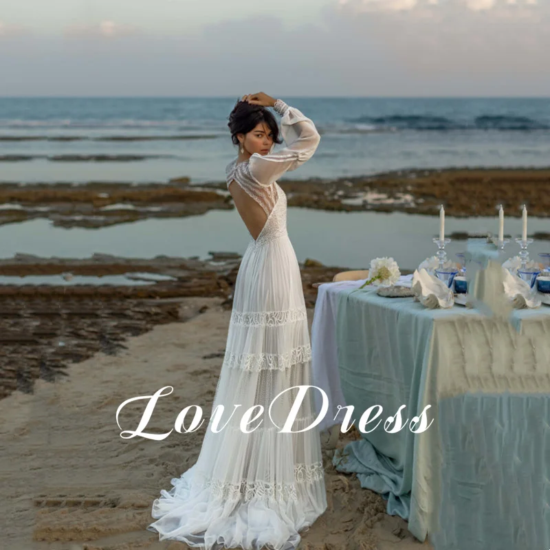 Praia chiffon mangas compridas vestidos de casamento rendas lantejoulas com decote em v elegante recorte ilusão até o chão vestidos de casamento personalizados