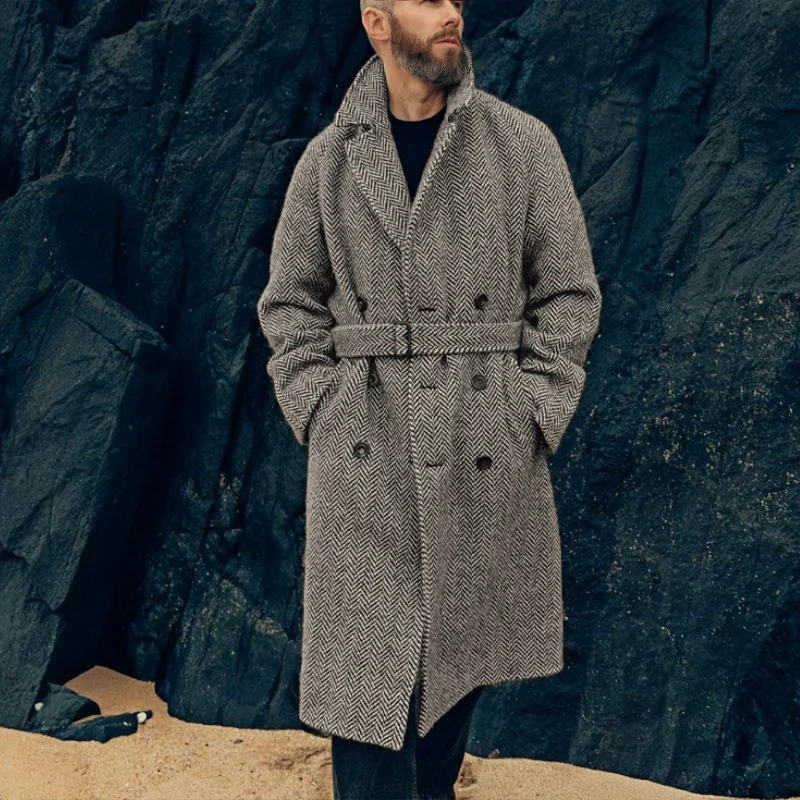 

Gray Herringbone Long Coat for Men Single-breasted/Double-breasted Slim Fit Vintage Style Heavyweight Tweed Long Coat for Men