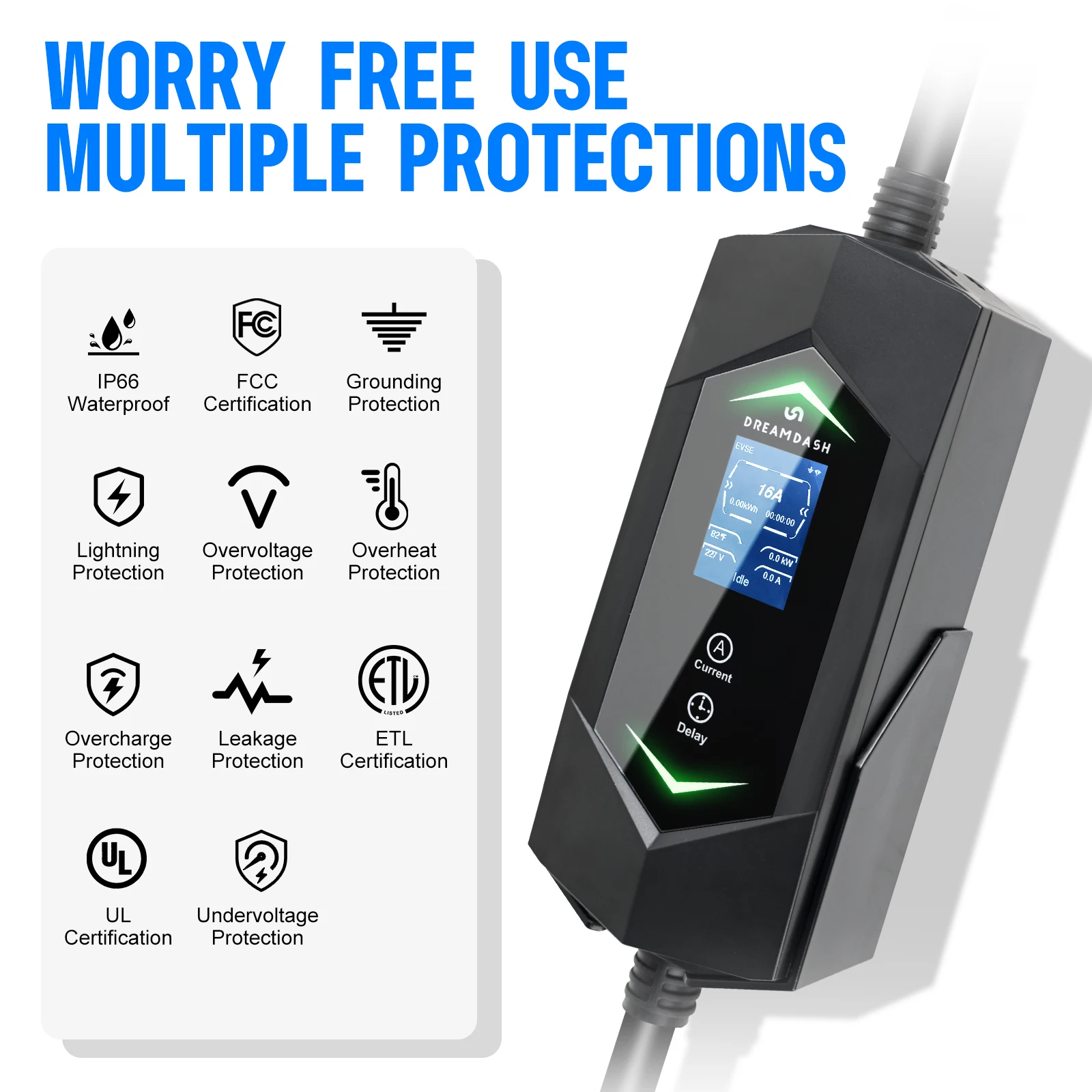 Dreamdash 3.5KW 16A شاحن EV 110V-220V 7M SAEJ1772 لسيارة EV-GAS الأمريكية (PHEV) محطة شحن محمولة سيارة كهربائية Type1