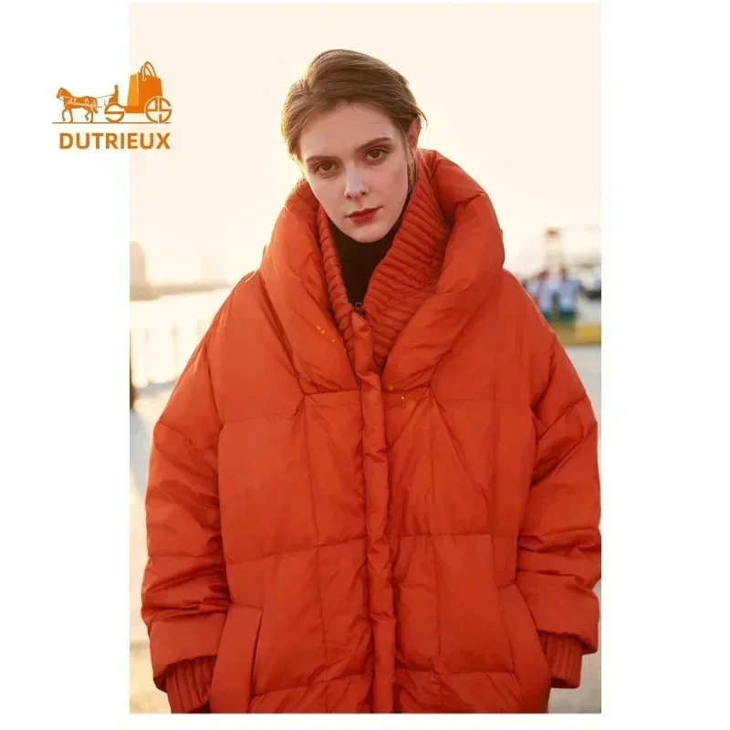 Winter Women Cotton-padded Jacket,Orange Mid-length Loose High-end Luxury Down for Women,90%White Duck Travel