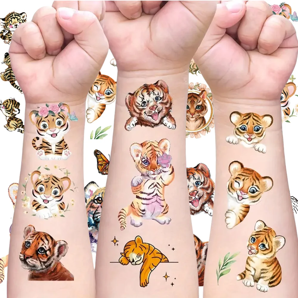 

10 Sheets Cute Small Tiger Animals Temporary Tattoo Stickers Cartoon Birthday Party, Supplies, Decorations,Gifts Tattoo Stickers