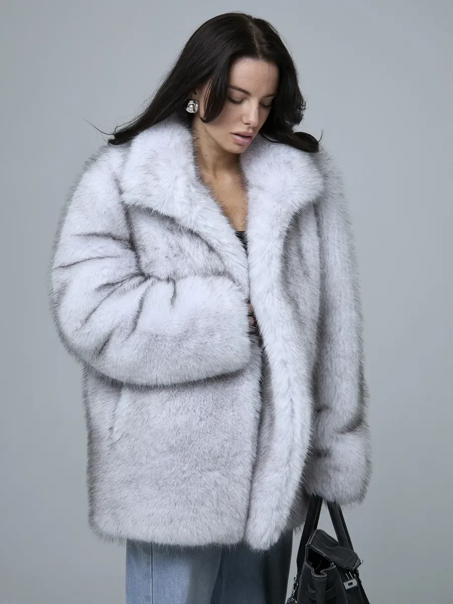 LIMO Women Mid‑Length Faux Fur Coat Wide Notch Lapel Open Front Oversized Loose Long Sleeve Plush Outerwear