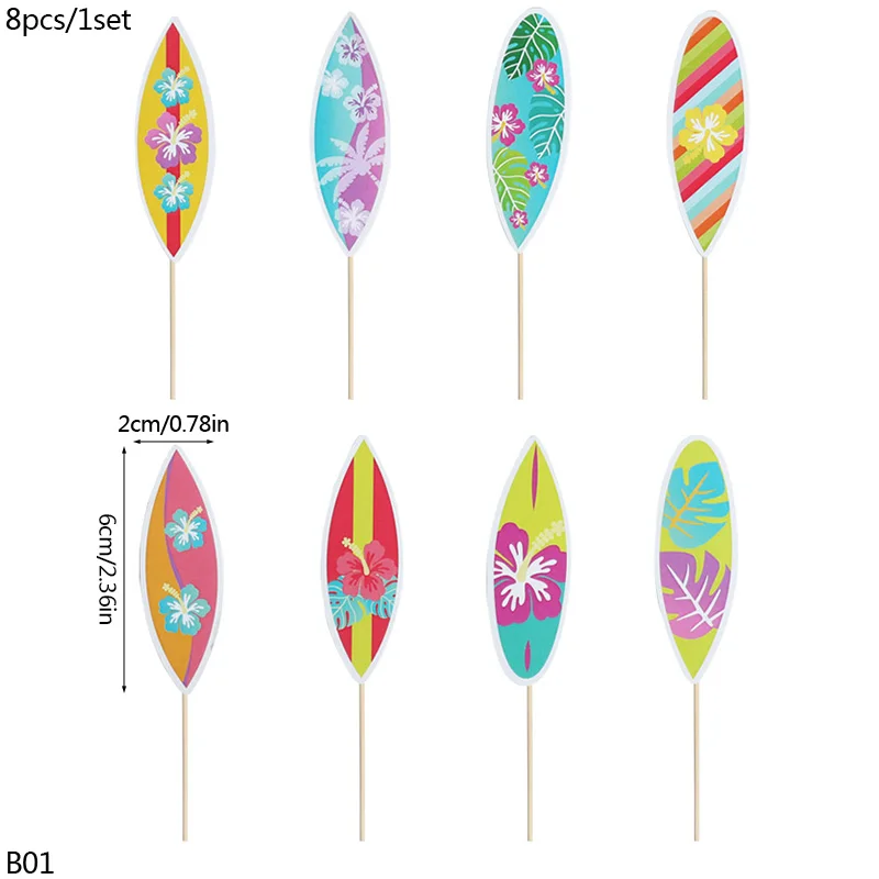 8pcs Hawaiian Themes Cake Insert Surfboard Topper Decorations Mini Cupcake Summer Beach Pool Birthday Party ornament