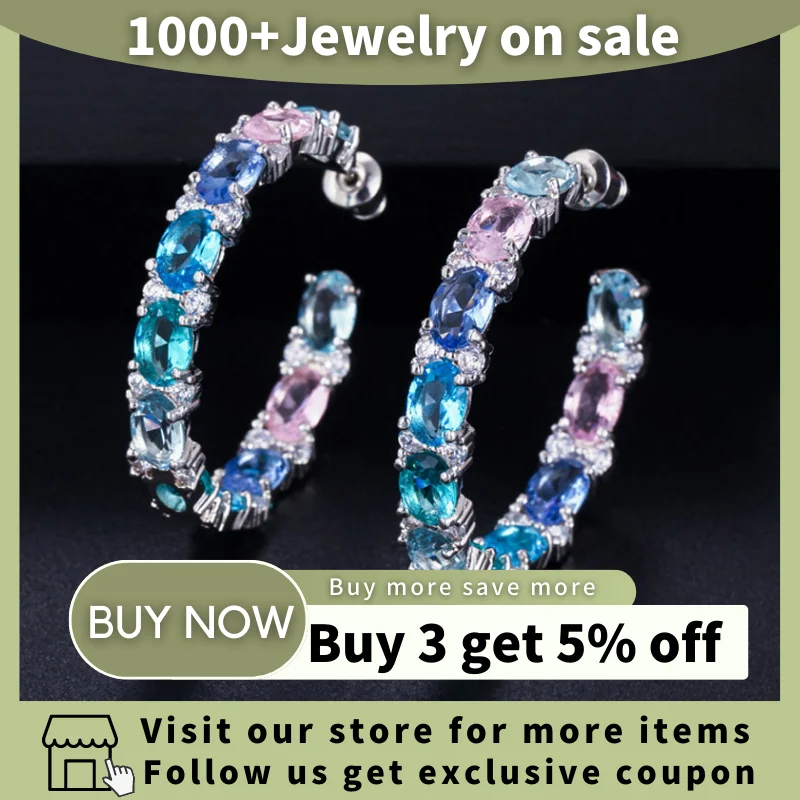 BeaQueen New Big Oval Round Pink Blue Green Multicolored Cubic Zirconia Rainbow Crystal Circle Hoop Earrings Women Jewelry E302