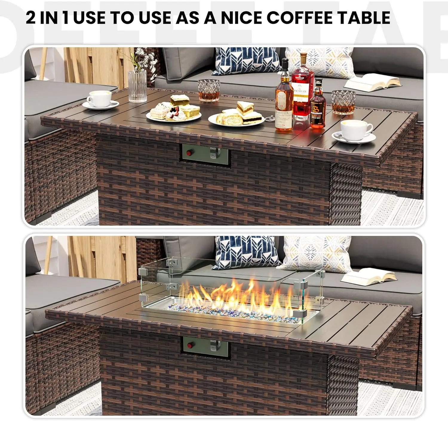 Mobiliário de exterior Rattan Define com Fire Pit Table, Sofá Modular Set para quintal, deck e mesa de café