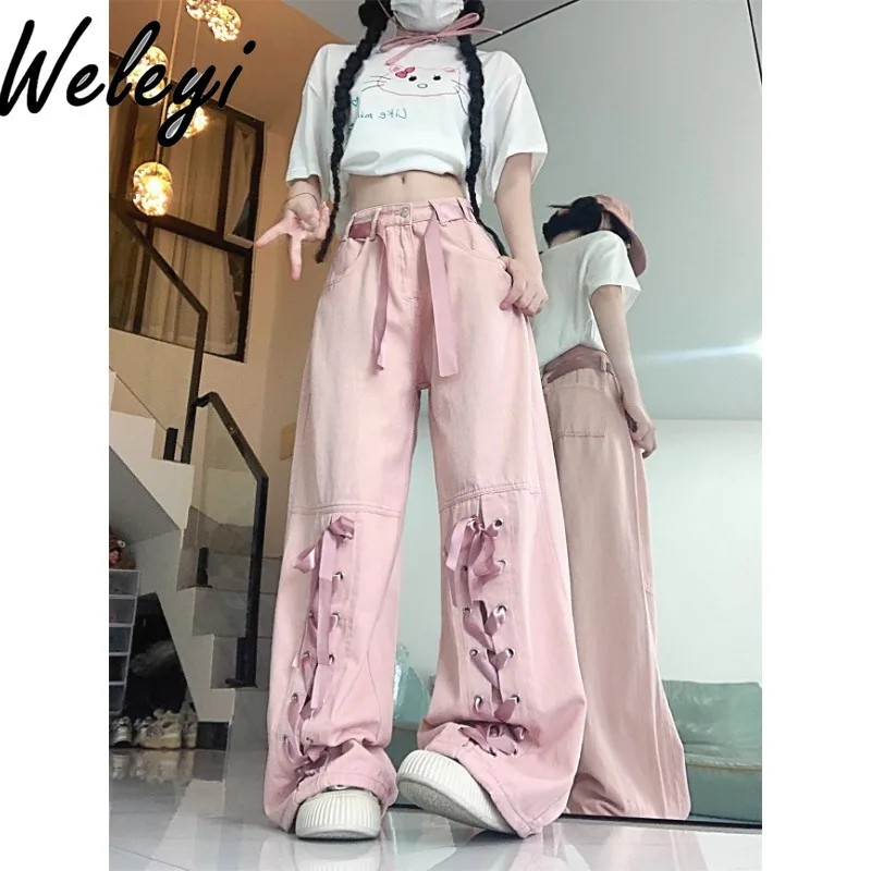 Dopamine Girl Bow Bandage Strap Pink Cargo Jeans Pants Spring Autumn Women's Sweet Cool High Waist Drape Floor Denim Trousers