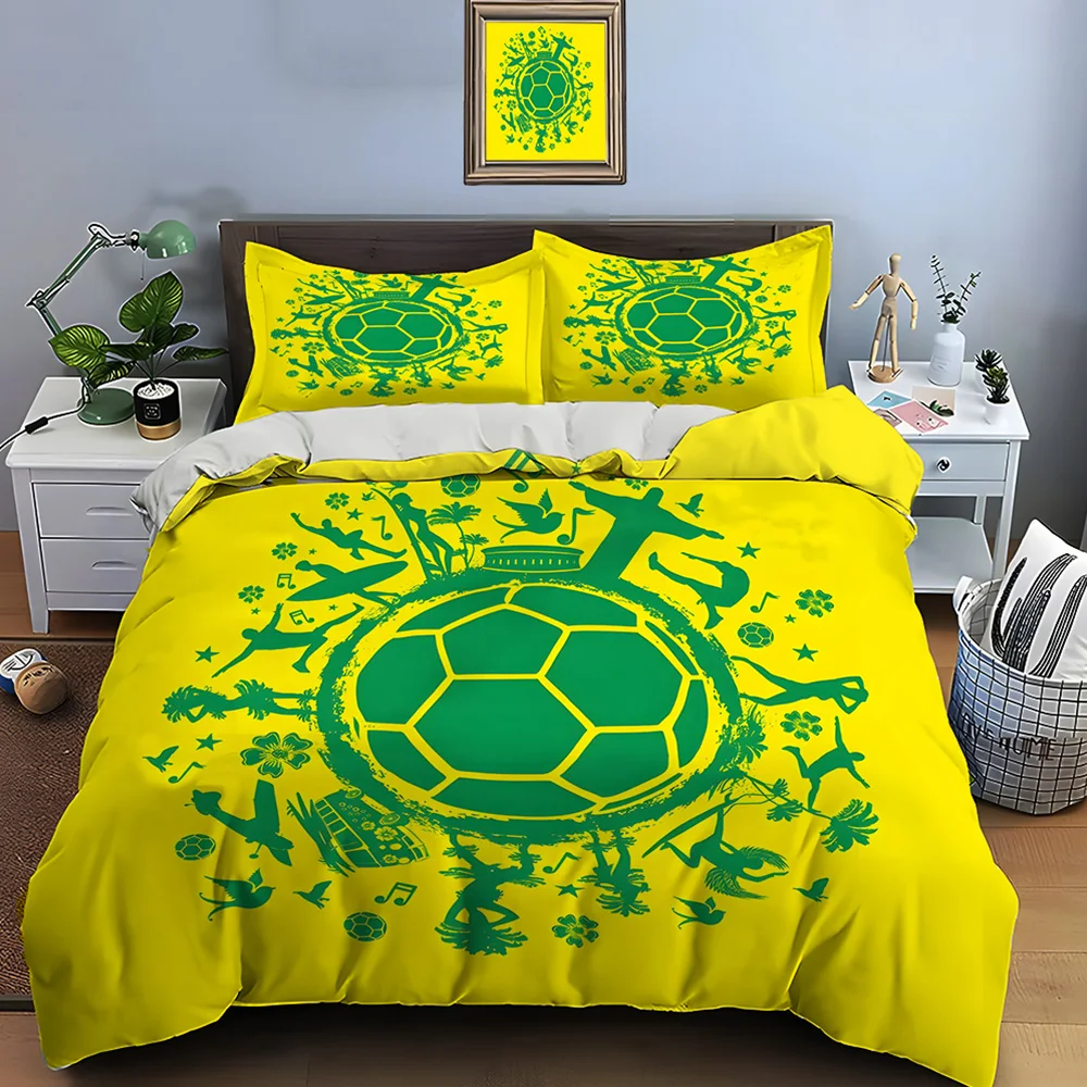 Brazil elements and football theme Bedding Set for Kids Luxury Gift 3pcs Digital Print Comforter Set Soft Comfortable Breathable