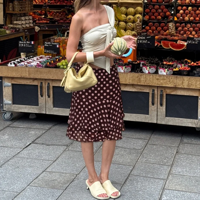 Jupe mi-longue à pois pour femmes, Vintage, nœud papillon, maille transparente, ourlet à volants, mode rétro, jupe décontractée pour sortir, tendance