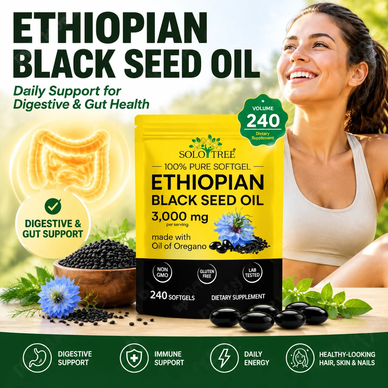 Ethiopian Black Seed Oil 3000mg Softgels with Oil of Oregano Supports Immune Health Digestive & Gut Wellness Daily Energy 240 Ct