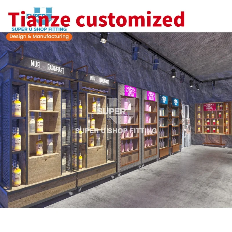 (customized)Custom Retail Wine Cellar Store Interior Design Ideas Port Wine Display Shelf Wooden Wine and Liquor Cabine