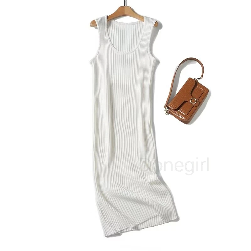 Sexy Vrouwen Beige Wit Rib Gebreide Tank Jurk Mouwloze V-Hals Dames Zomer Getailleerde Midi Jurken