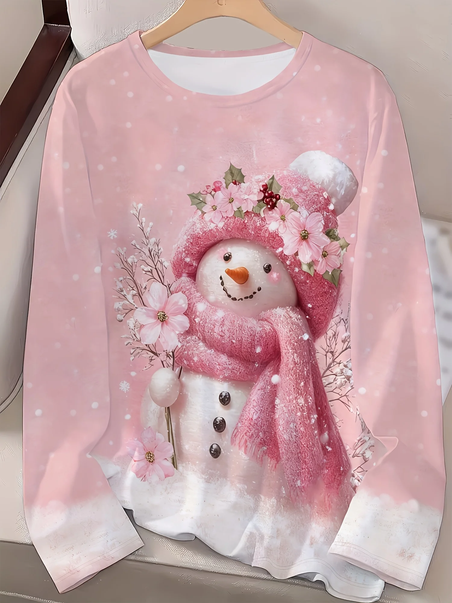 Women's Long Sleeve T-Shirt, Pink Snowman With Floral Hat And Scarf Holding Flowers Print, All-Winter Holiday Style Top Suitable For Leisure And Sports Scenarios