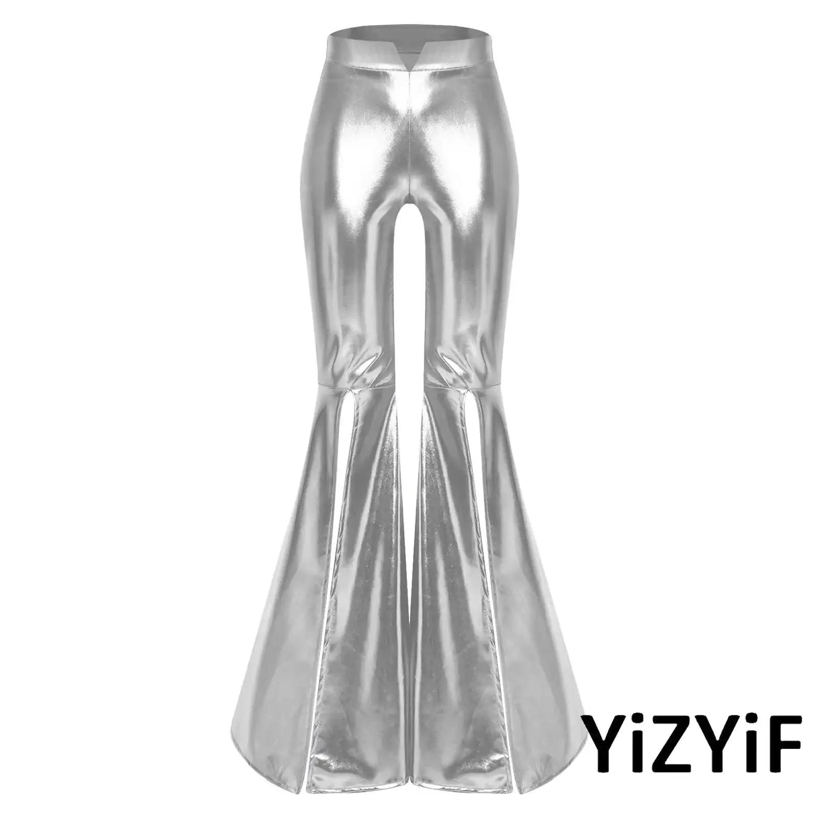 

Women 70s Disco Jazz Dance Costume Metallic Shiny Flared Pants High Waist Split Bell Bottoms Long Pants Trousers Club Streetwear