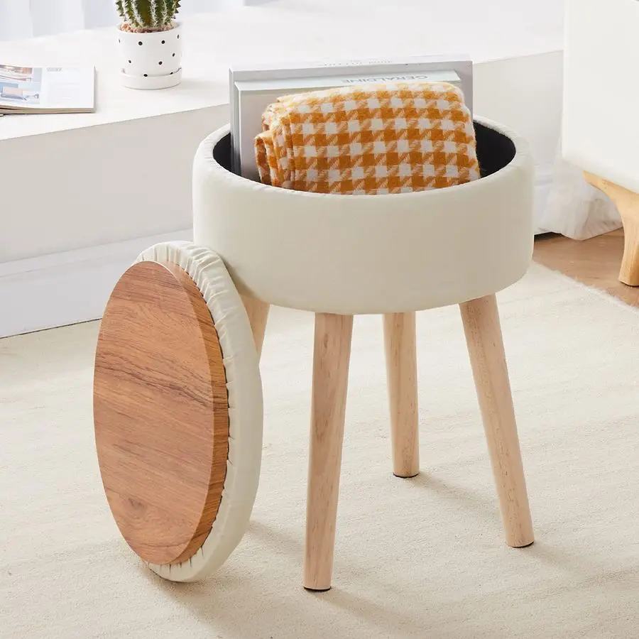 

Storage Ottoman Linen Round Vanity Stool Tray Top Modern Foot Stool with Wood Legs Multifunctional Upholstered Foot Ottoman Rest
