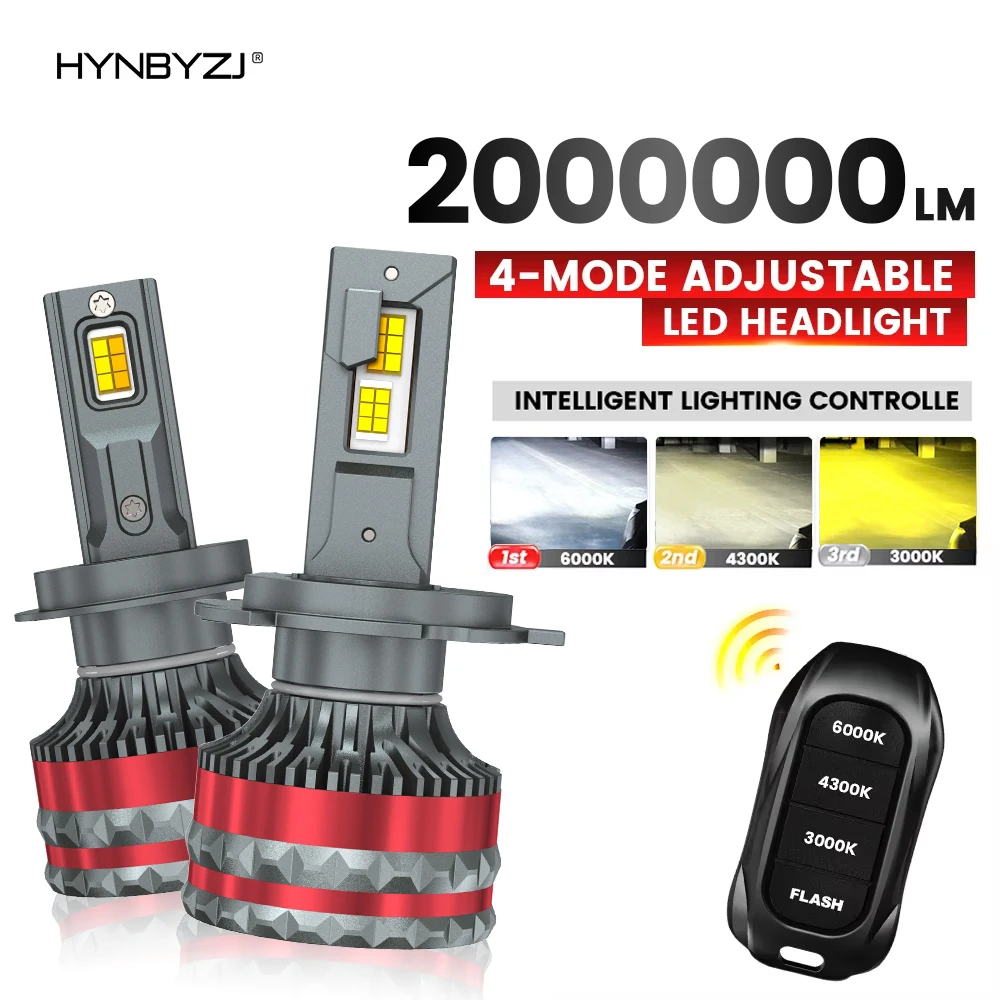 

Светодиодные лампы H4 2000000LM H7 H1 H11 9005 9006 9012 6000K 4300K 3000K, трехцветные, с дистанционным управлением, для автомобильных фар