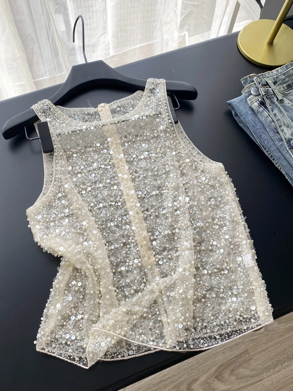 

Sequin Embellied Me Vest Women's Svel Top Glittering Heavy Work Summer Faion Versatile High-End Feeling