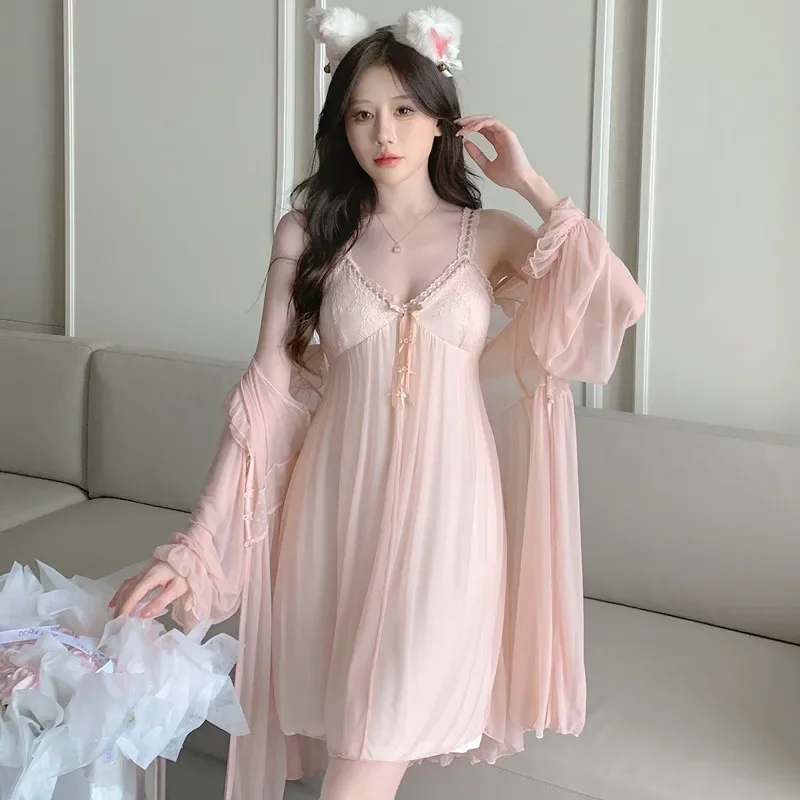 Twinset Mesh Lace Robe Set Women Kimono Sleepwear Nightdress Homewear Summer Bathrobe Gown Suit Nightgown Loungewear