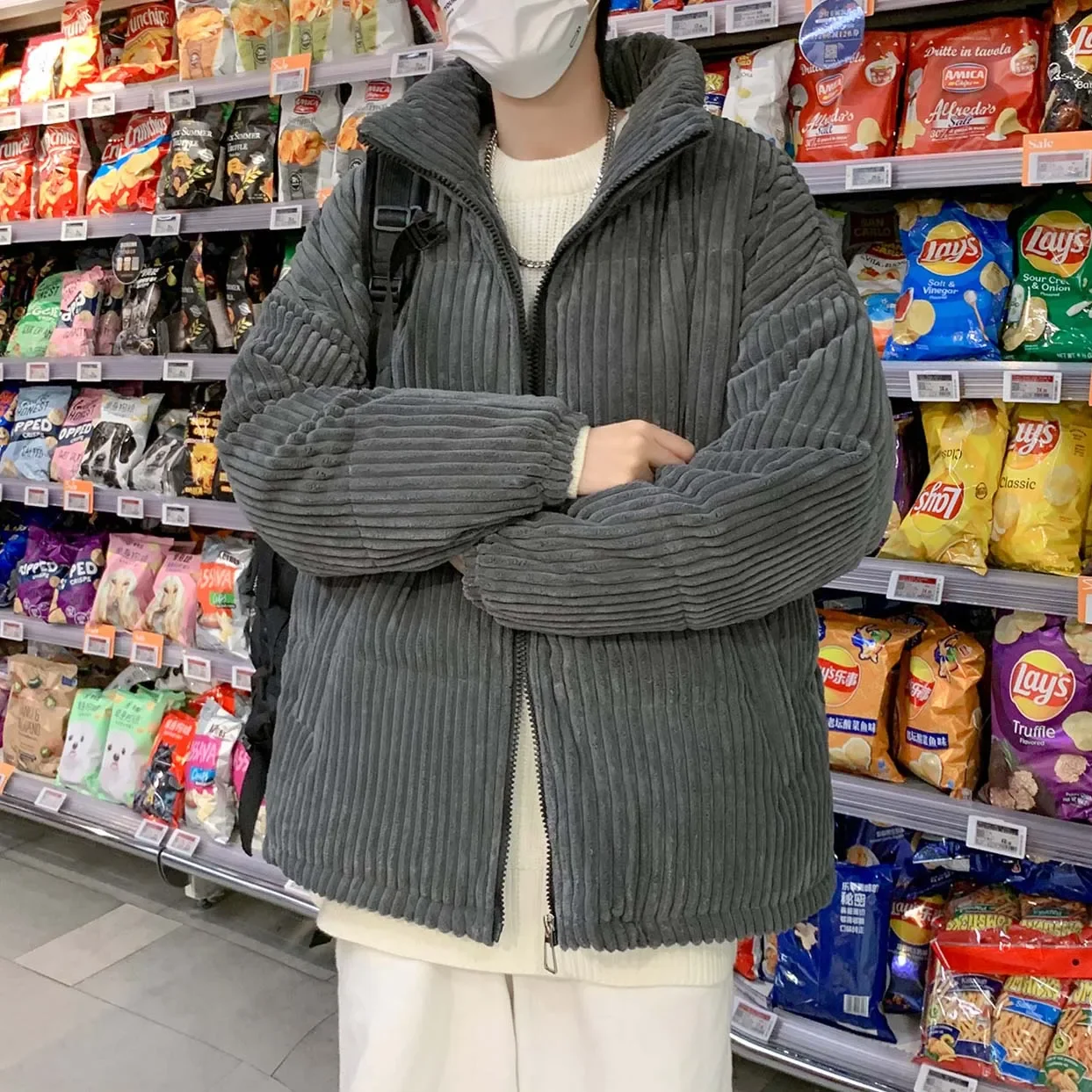 الرجال خمر سروال قصير سترات فضفاضة زوجين سستة معطف سميك الشتاء الوقوف طوق أبلى الصلبة موضة الخريف كل مباراة سترة الذكور