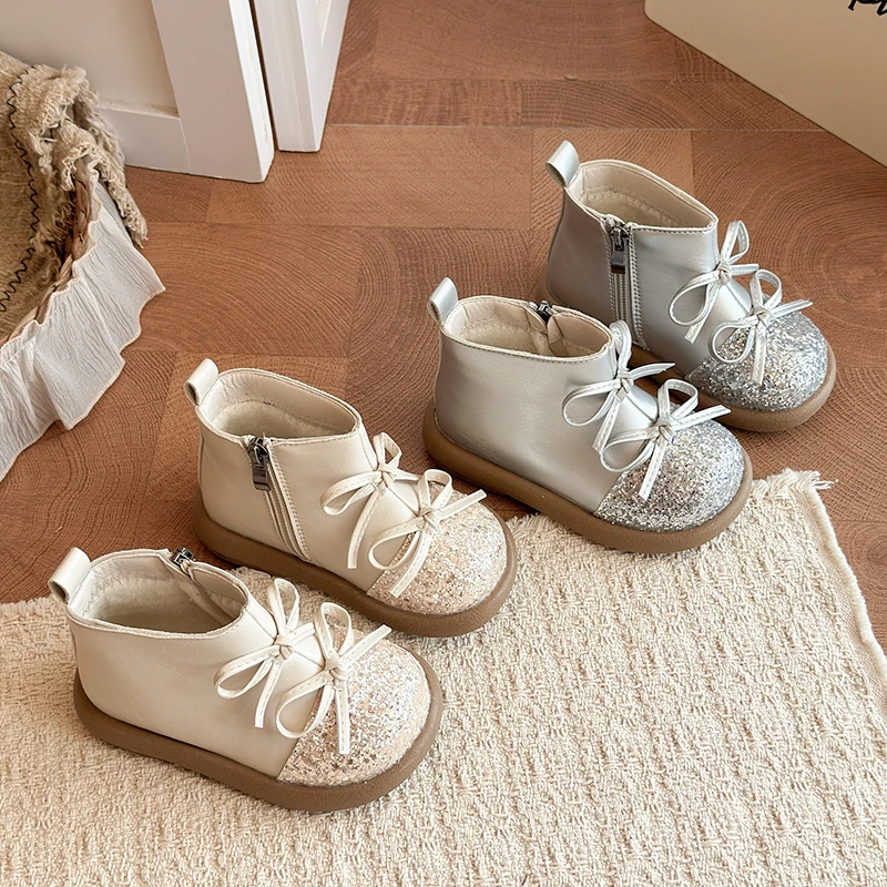 Winter Baby Girls Snow Boots Children Shoes Windproof Waterproof Non-slip Soft Sole Toddler Kids Plush Boots Bow Princess Shoes