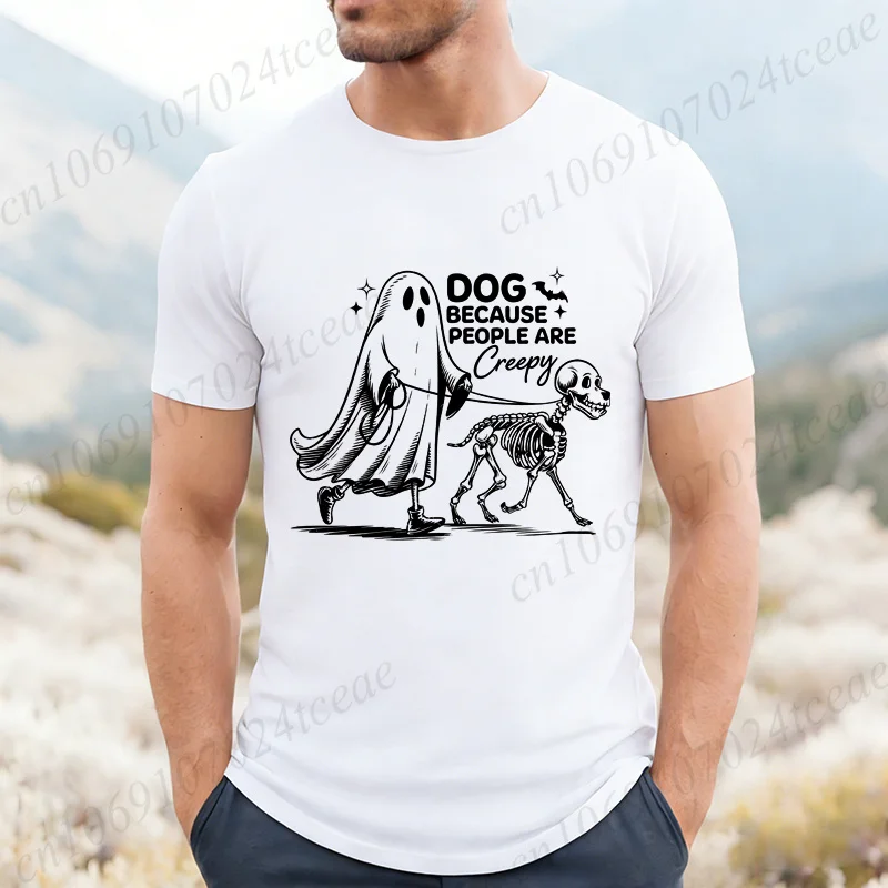 Dog Because People Are Creepy Print Men's T-Shirts Halloween Ghost Dog Shirts Skeleton Dog Tee Clothes Retro Spooky Season Tees