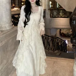 Autumn Winter New Elegant Midi Dresses for Women Lace Ruffles Flare Sleeve A-line Birthday Party Dress Korean Vestidos Mujer