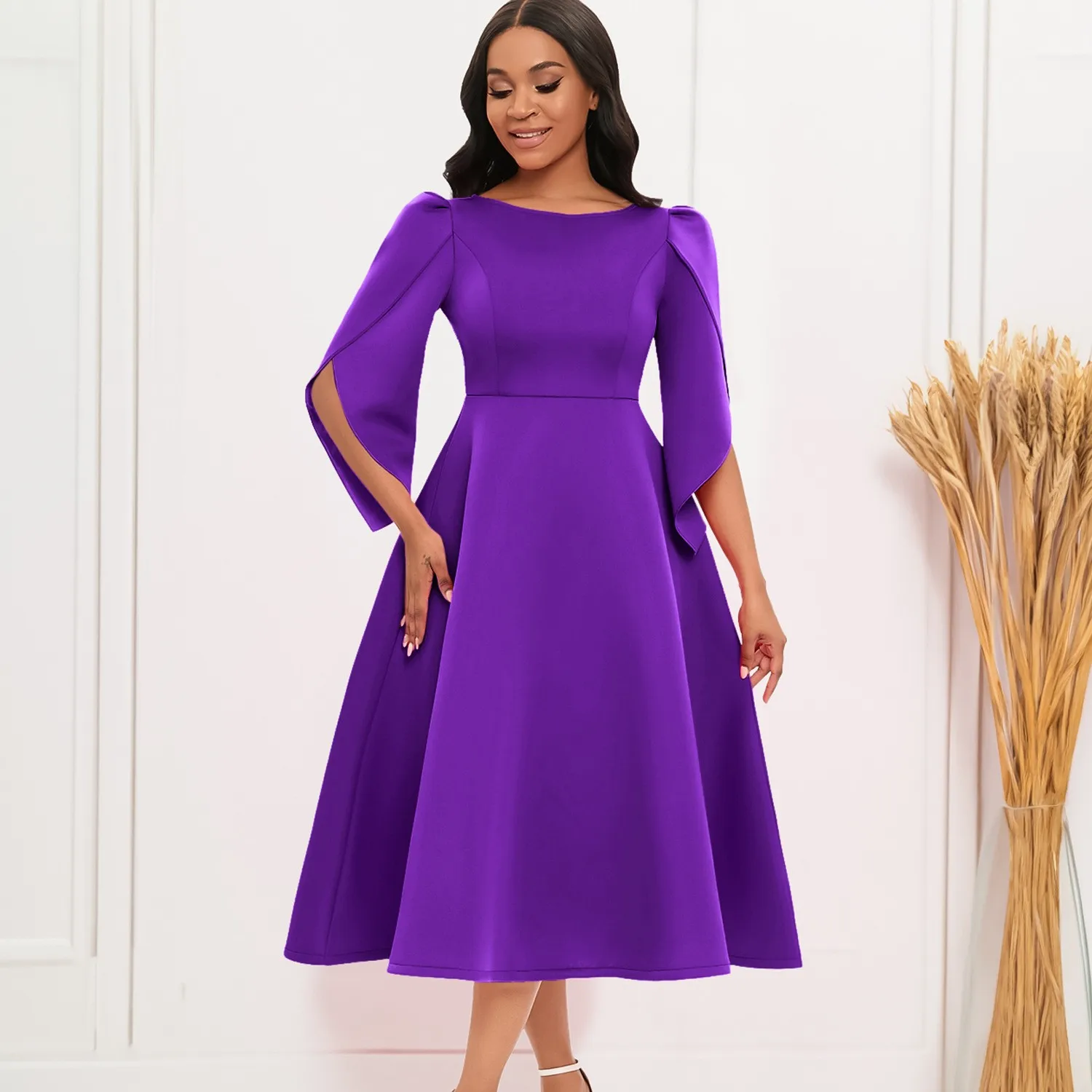 One Dress Crew Neck Gown Pleated Ladylike with Elegant Turtleneck 7 8 Sleeve Mid Length Zipper Front Pleated Dress for Women