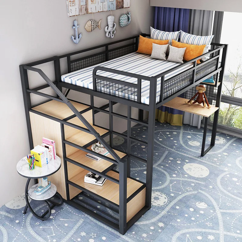 

Modern wrought iron elevated bed small apartment bedroom space saving loft bed creative single apartment bed under the table