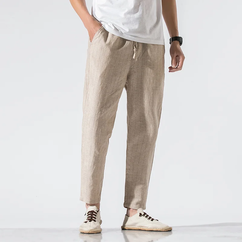 

Chinese Style Cotton Linen Cropped Trousers Men's Clothing Summer Thin Plus Size Loose Striped Pants 5xl Retro Casual Pants