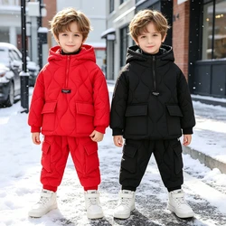 Winter Kids 2 Pcs Snow Suit Red Quilted Hooded Jacket Cargo Pants Fleece Lined Windproof Thick Warm Outdoor Set Boys Girls 2-12Y