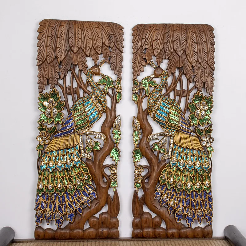 Thai wood carving porch hollow wall pendant decoration South East Asia style animal peacock teak carving carving board
