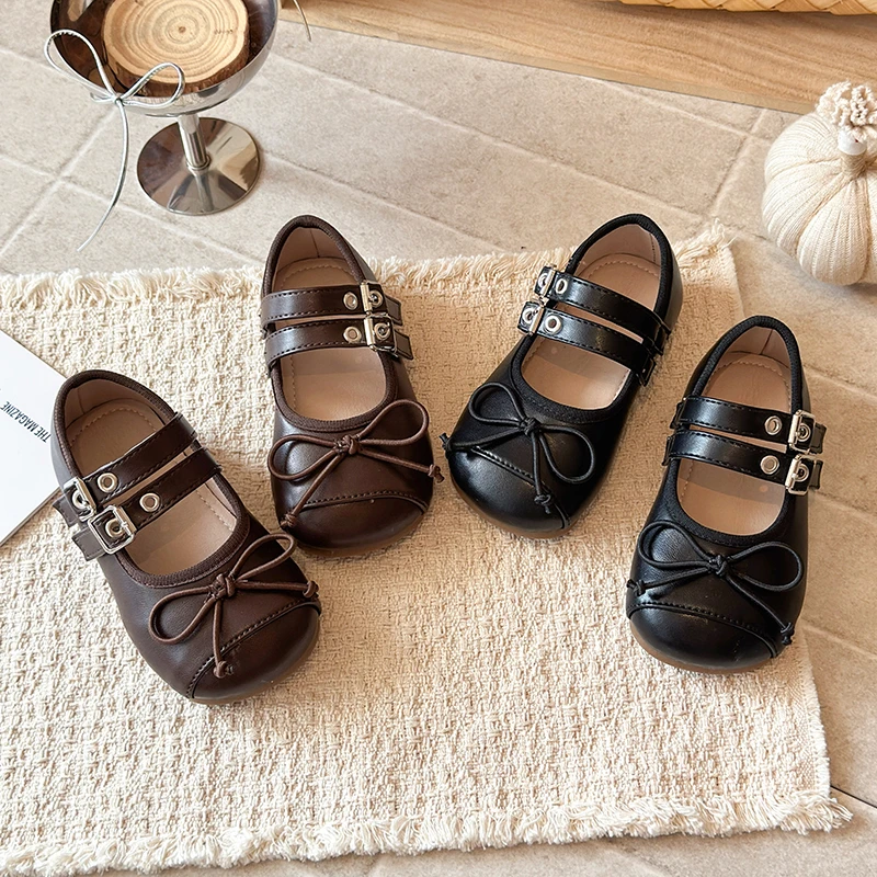 Girls Leather Shoes Simple Bows Kids Princess Shoes Round Toes Soft Bottom 2026 Brand New Children Flat Shoes Double Hook&loop
