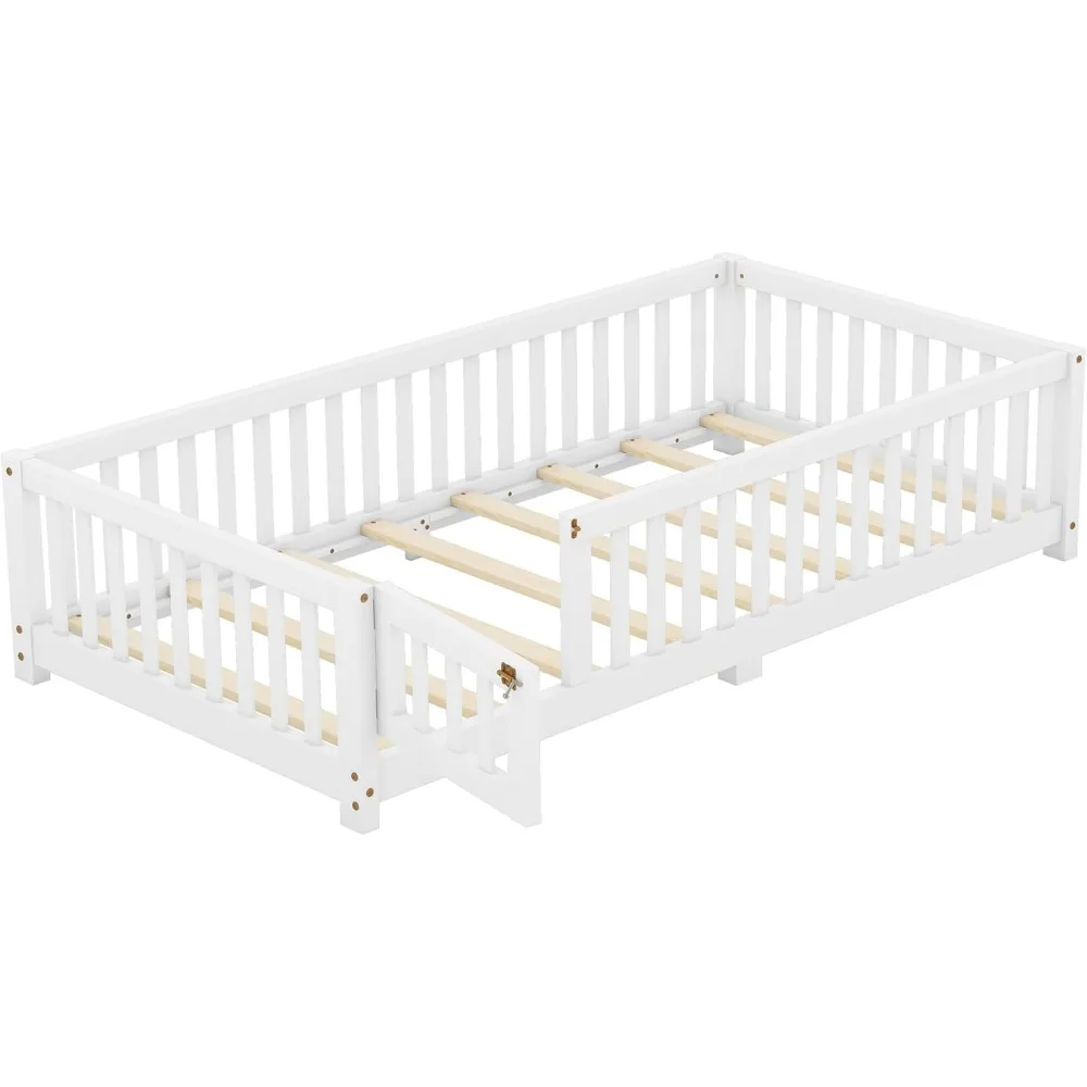 Twee Vloerbed Met Latten En Middensteunbar, Montessori Vloerbed Met Hek En Deur, Kinderen Montessori Bed Twin Size