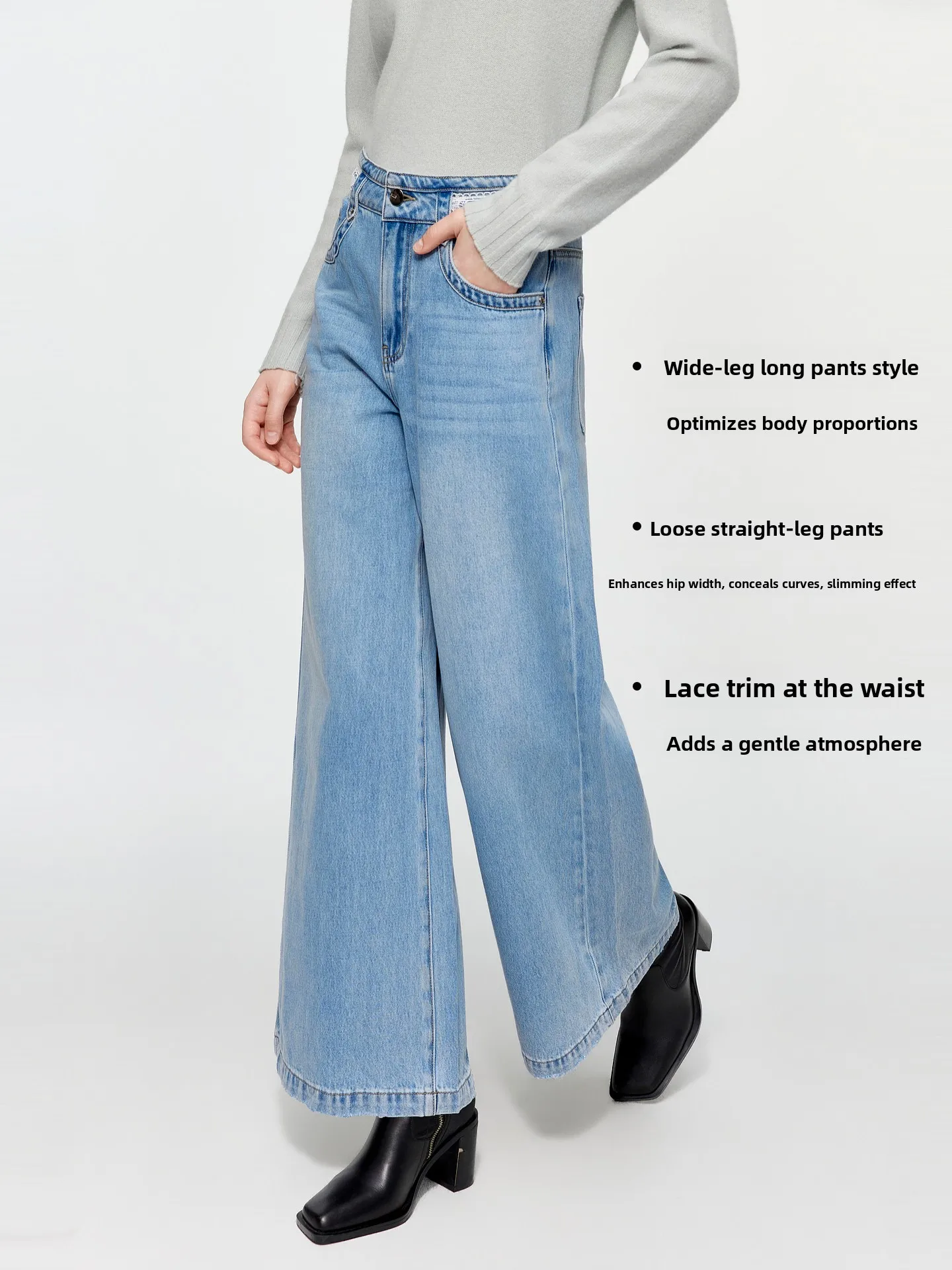 Elle Retro Lace Splicing Lyocell Denim Pants Women's High Waist Slim Wide Leg Long Trousers Autumn New Style Commute Style