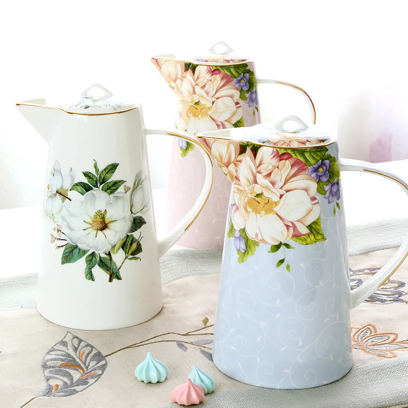 1200ML, real bone china tea pot, porcelain floral tea kettle, vintage water jug, kitchen pitcher, coffee juice jug, teapot cafe