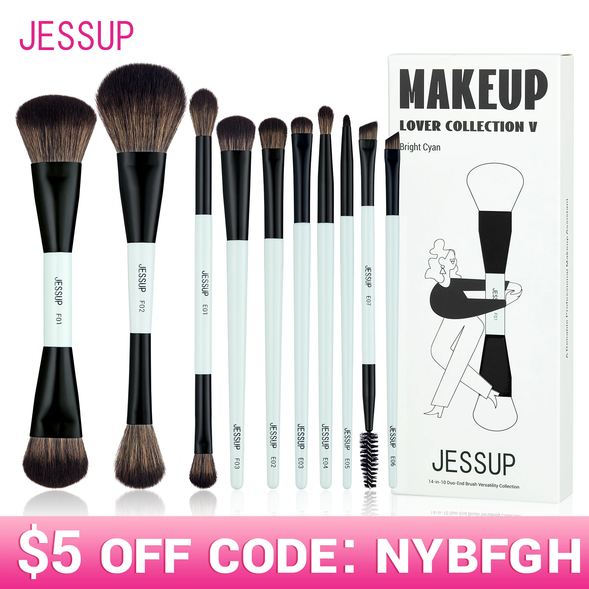 Jessup Makeup Brushes Set 2/3/6/10PCS,Double Sided Foundation Contour Brush Blush Blending Eyeshadow Concealer Cruelty Free T500