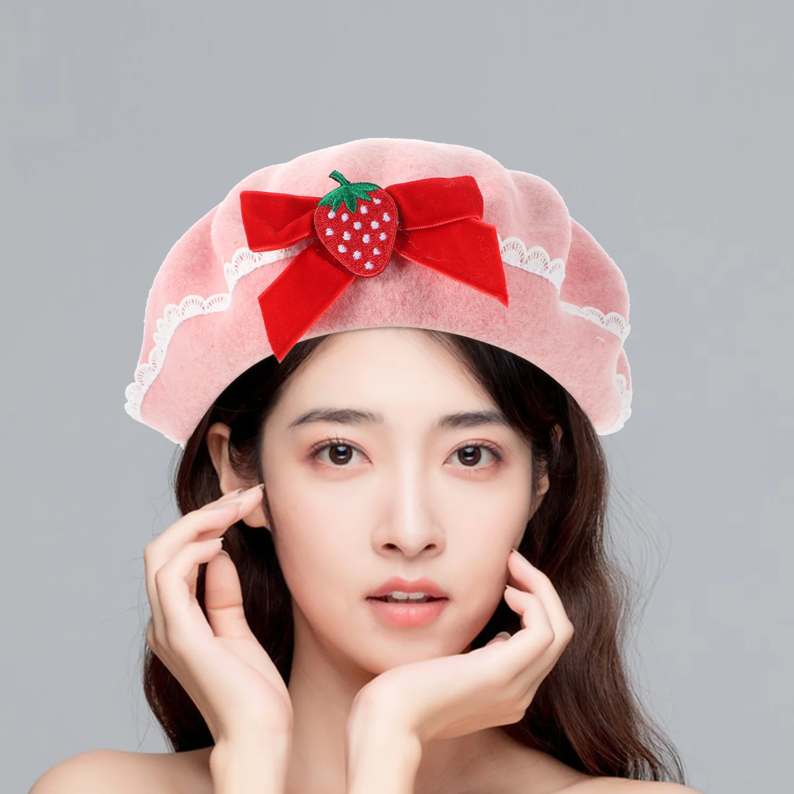 Berets Strawberry Bow Woolen French Beret Hat Wool Cap 56-58Cm Handmade Fashion Warm Hat Gift Halloween Christmas Xmas