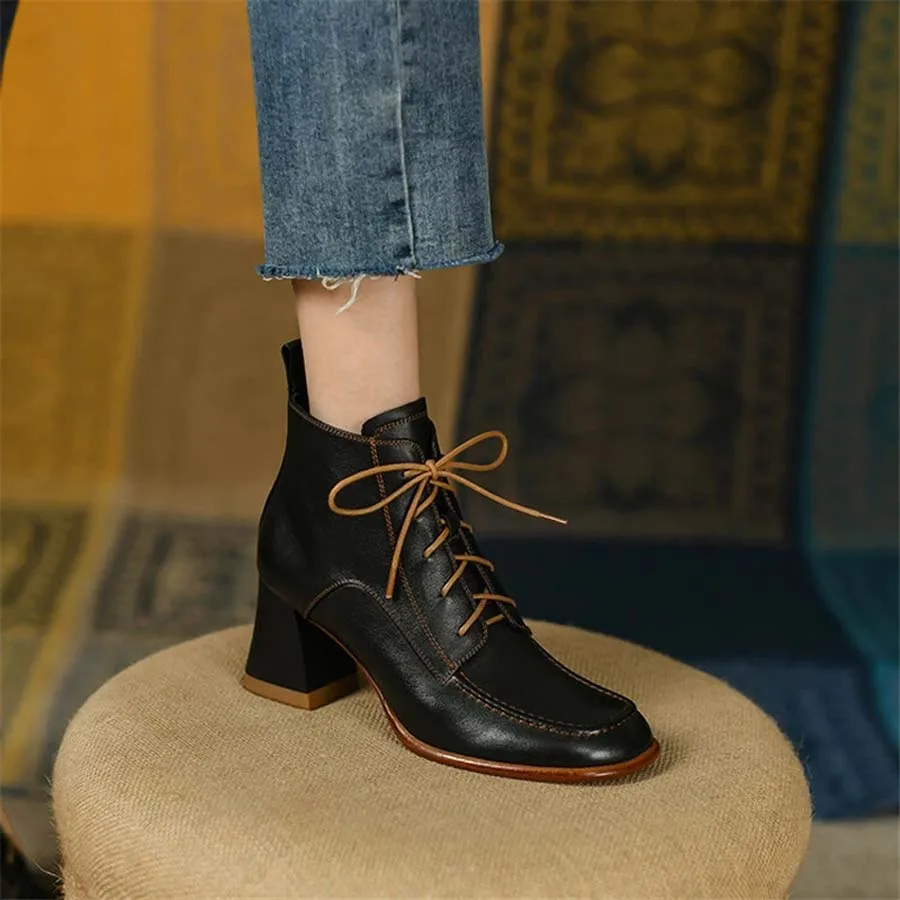 2023Autumn Winter Women Boots Round Toe Lace-up Women Shoes Chunky Heels Shoes for Women High Heel Boots Genuine Leather Shoes