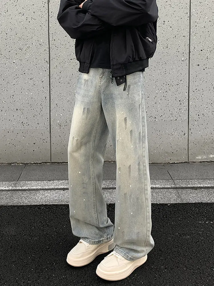 

Retro American fiti Splatter Denim Jeans Men's Trendy Loose Straight Leg Casual Long Trousers Wear Resistant Winter Faion