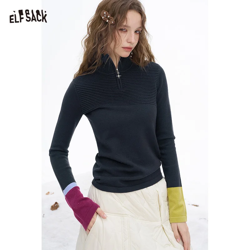 

ELFSACK 2025, зимние новые поступления Y2K, повседневный трикотаж для похудения с половиной молнии и контрастными рукавами в стиле пэчворк для женщин