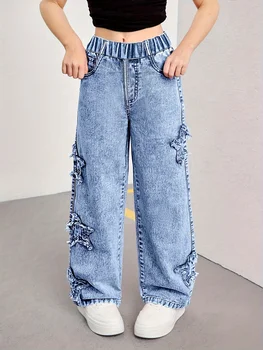 Girl's Denim Pants, Y2K Five-Star Patch Embroidery Pattern Straight-Leg Denim Pants, Holiday-Style Pants 3