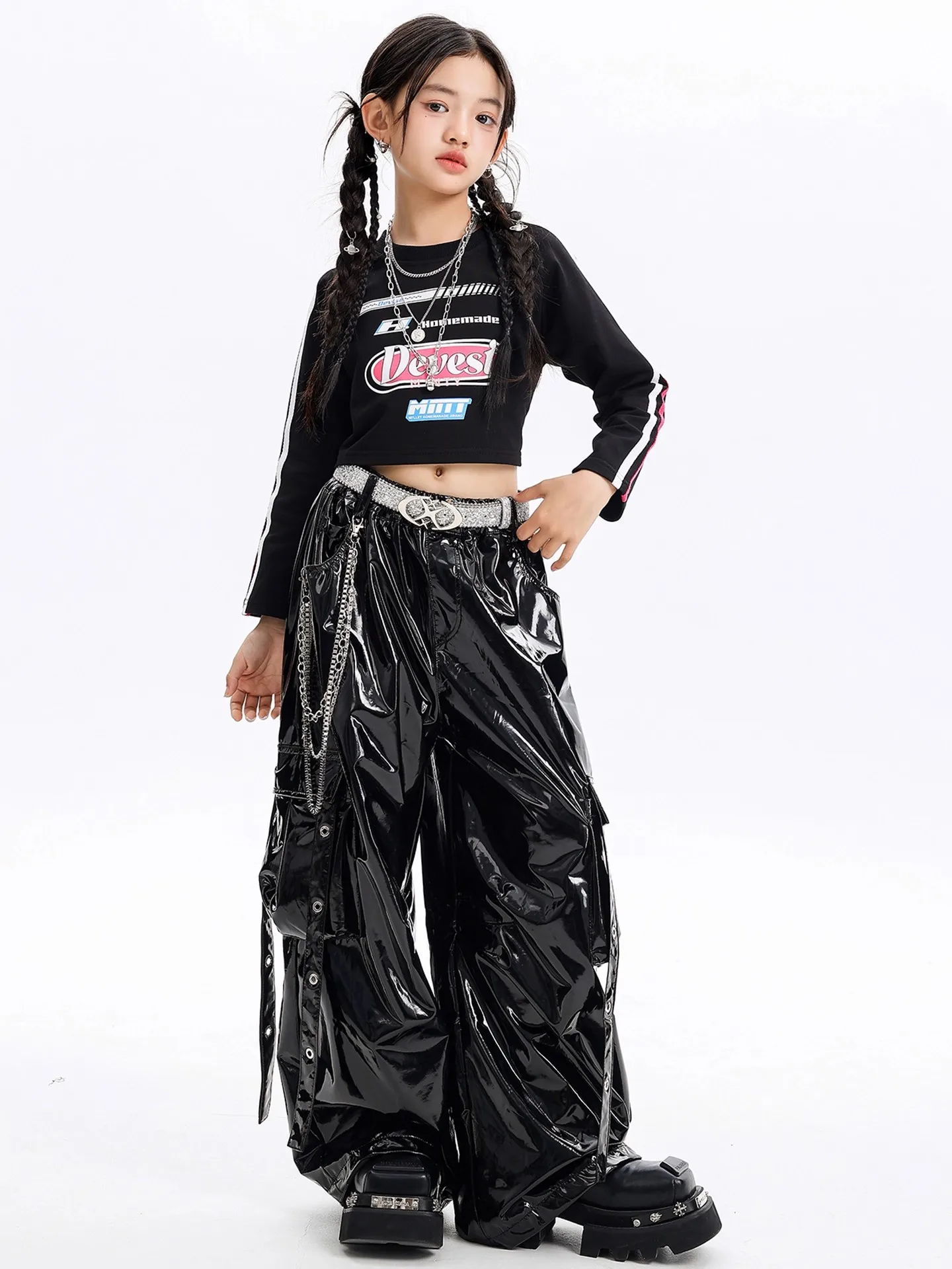 Top a maniche lunghe per bambini Pantaloni lucidi Abiti per spettacoli di danza jazz Kpop Ragazze Squadra Hiphop Costumi di danza di strada DQL11988