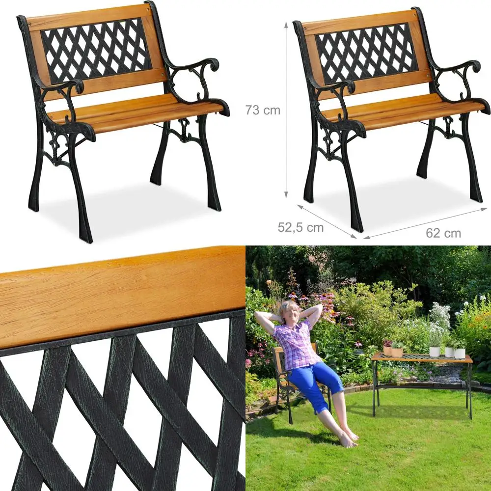 

Vintage Style Low Garden Chair with Armrests, Wood and Cast Iron, 73x62x52.5 cm, Natural and Black