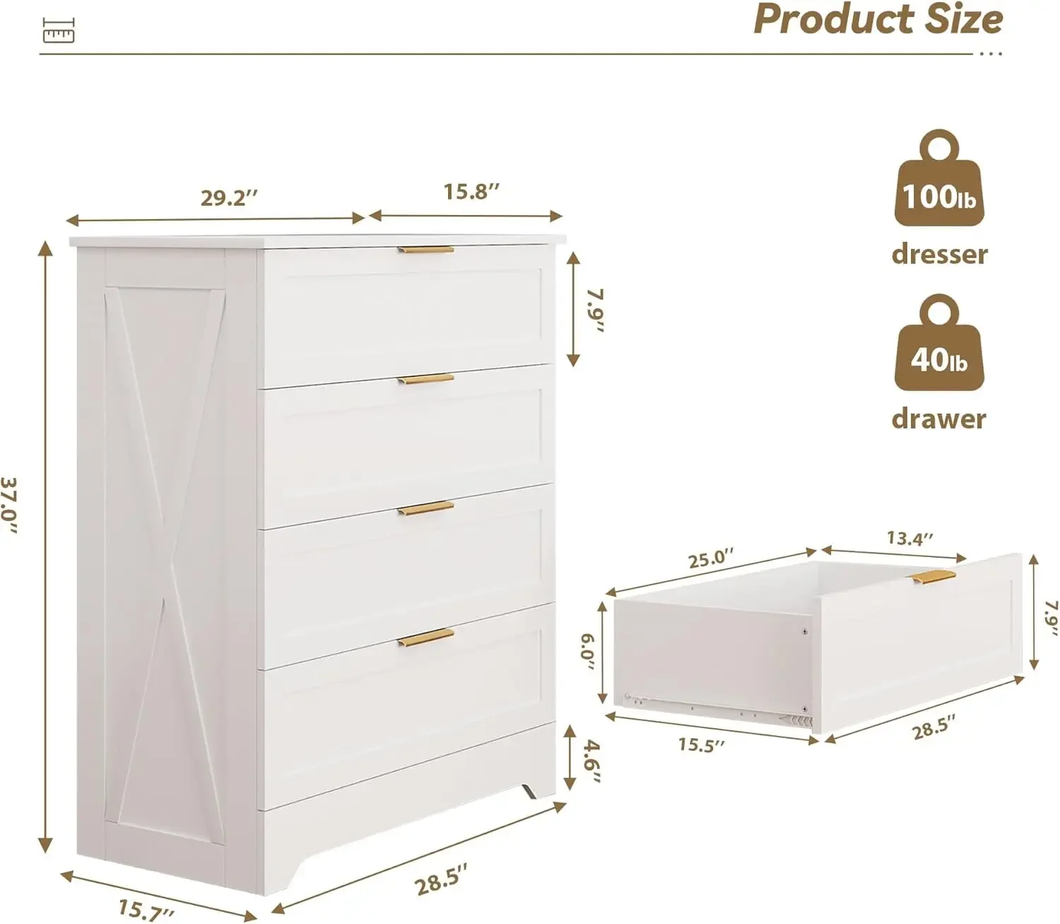 Dresser for Bedroom, Tall Bedroom Dresser with Large Drawer & Golden Handles, Wooden Storage Organizer Cabinet Chest of Drawer f