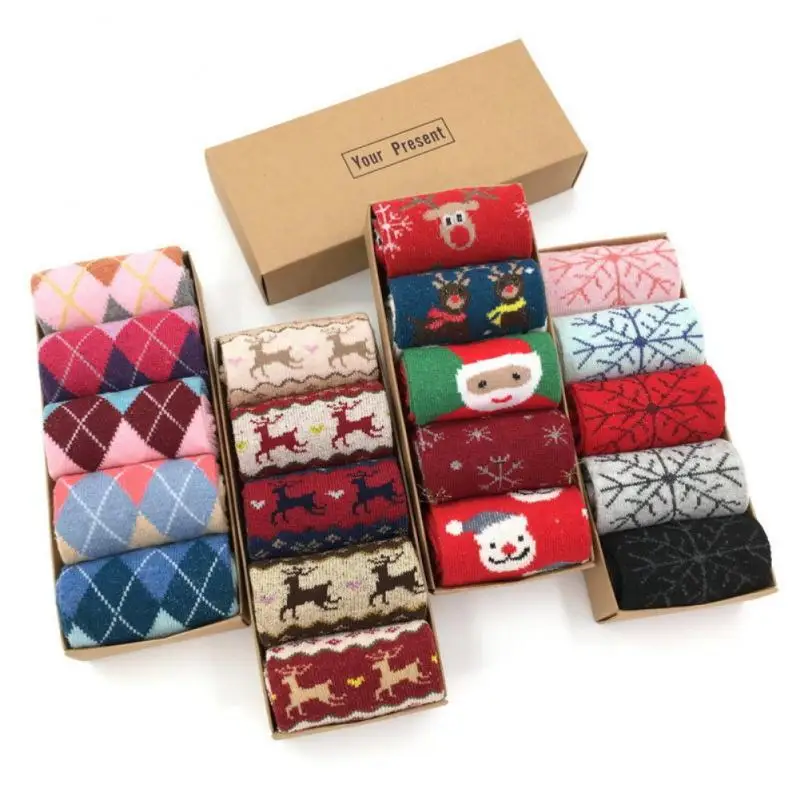 5pairs Christmas socks Wool socks -tube socks Fun cute socks with Santa reindeer pattern women's Christmas theme gift box set