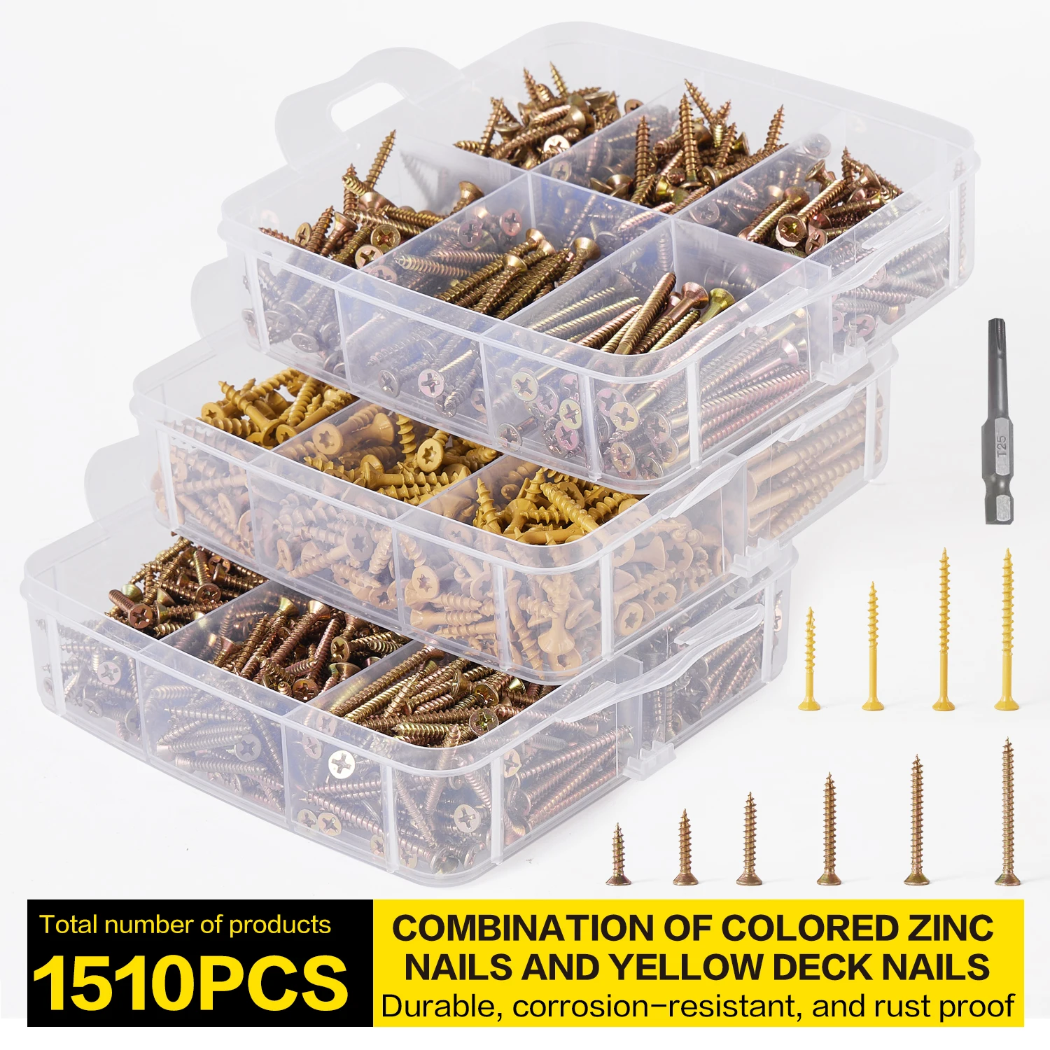 1510 color zinc cross screws and yellow plum blossom wood screws are mixed in a large combination, and 18 types of color zinc anti-corrosion wood screws are suitable for wooden boards used in deck fences and wooden houses.
