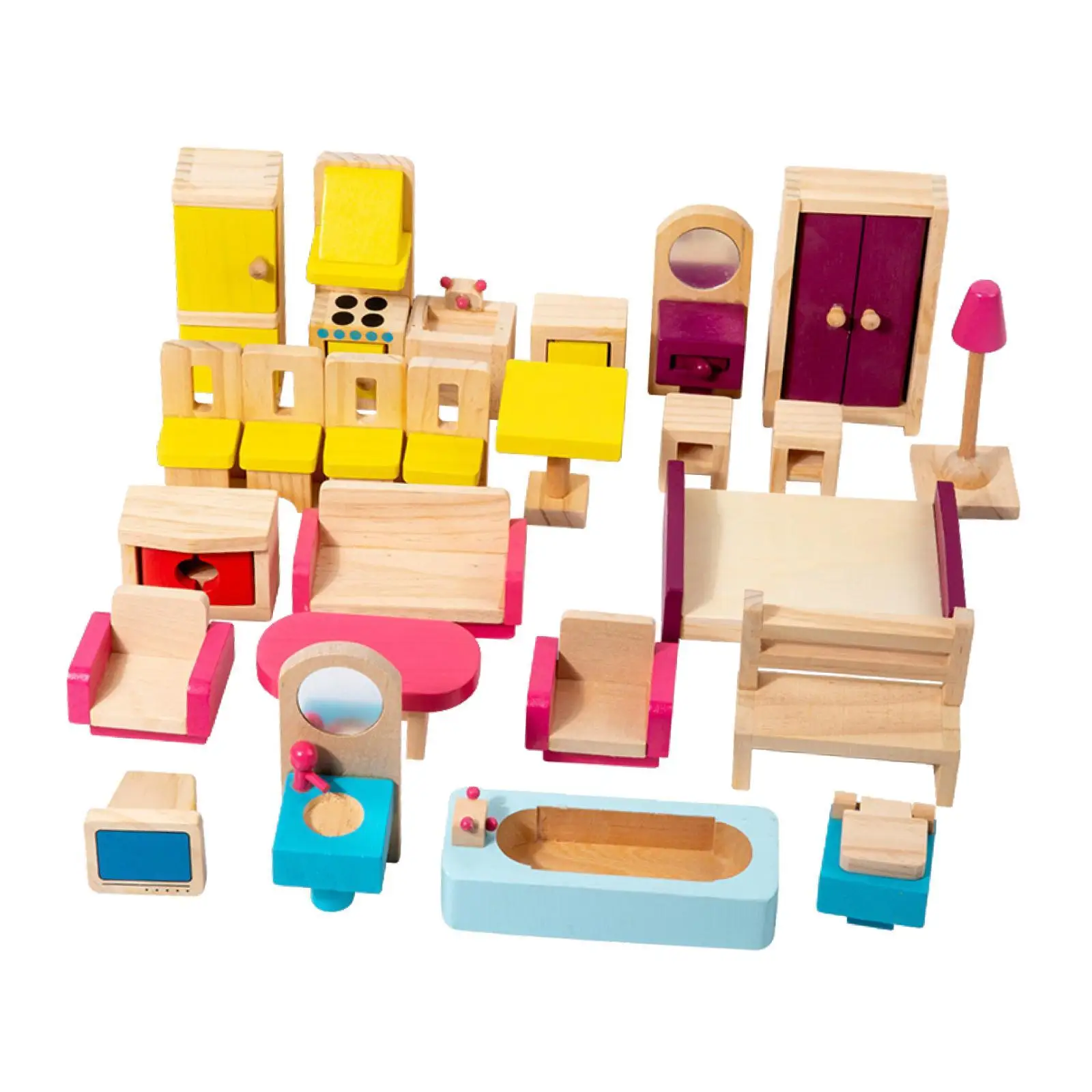 26 Pieces Wooden Dollhouse Miniature Furniture Set Role Play Games Kids Toy for Toddlers 3+ Kids Boys Girls Christmas Gift