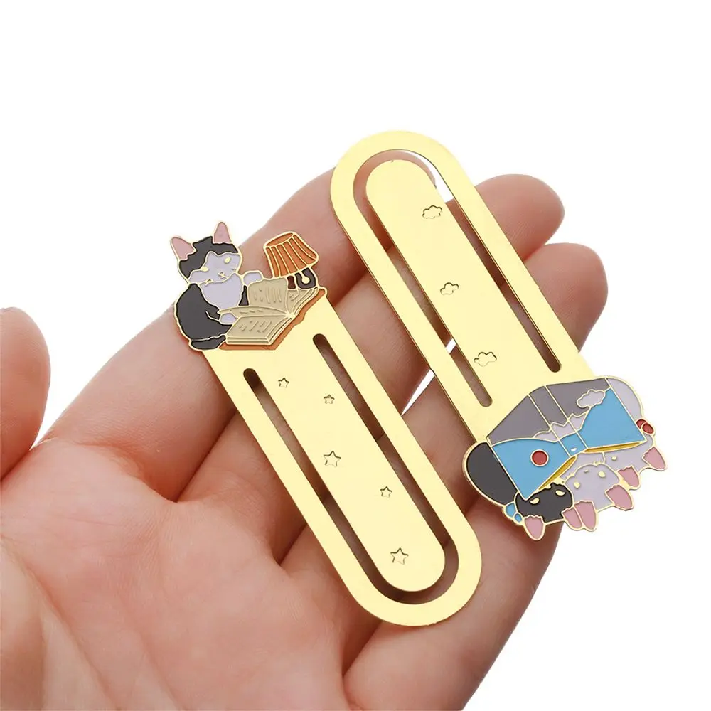 New Cute Cats Reading Book Gold-plated Metal Bookmark Cartoon Animals Bookmark Gift Stationery Book Folder School Supplies Gift