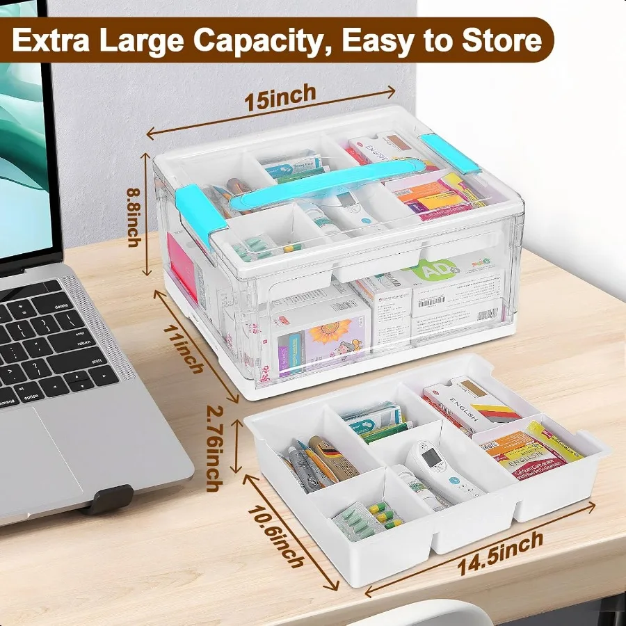 24QT Clear Medicine Storage Box Large Capacity First Aid Box with Tray Plastic Medicine Organizer Boxes with Handle Medical ply
