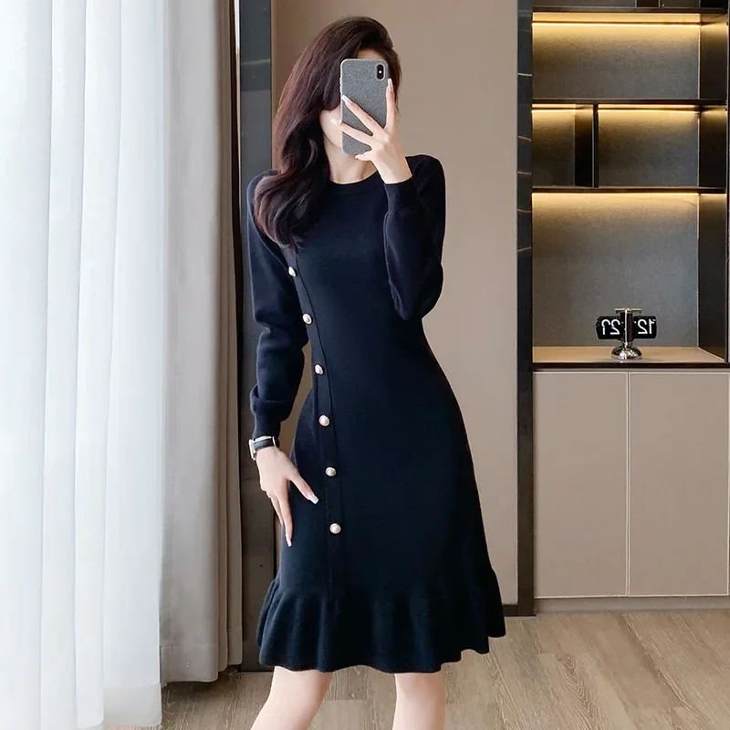 

Women's Korean Style Knitted Mermaid Sweater Dresses, Long Sleeve, O-Neck, Office A-line, Knitted Buttons, Asymmetrical Dress