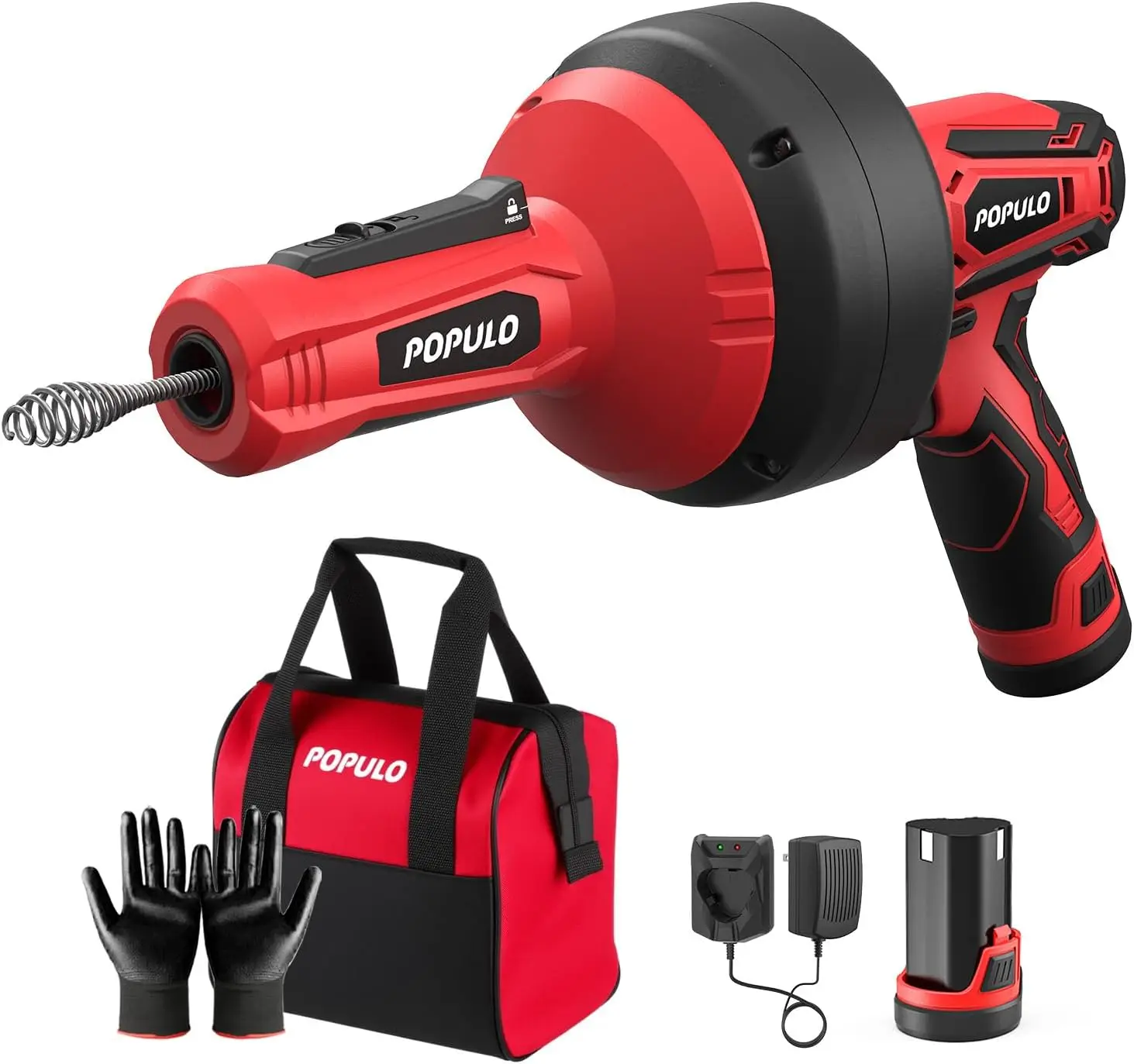 

POPULO 12V Cordless Electric Drain Auger, Auto Feed Plumbing Snake Drain for Unclog Sink Drain 3/4"-2" Pipe, 16.8 FT Snake Hair
